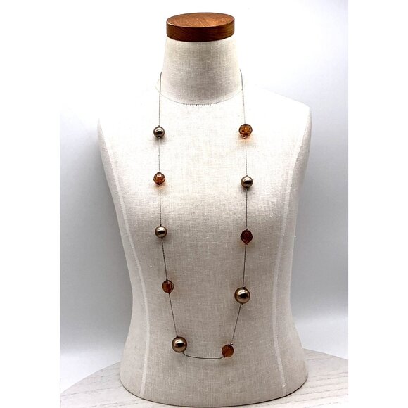 Bronze Tone Resin Pearl And Bead Long Floating Illusion Necklace Silver Chain - Picture 4 of 4